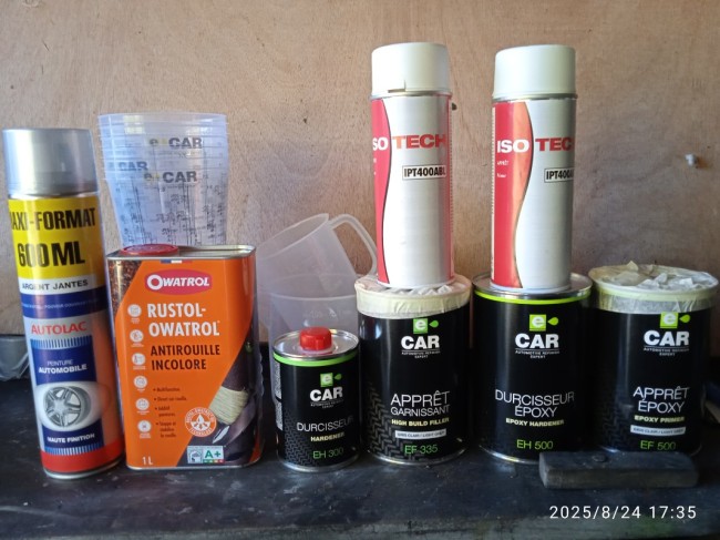 Antirouille, bombe peinture jante, apprêt epoxy, apprêt garnissant, apprêt retouche en bombe, gobelets de mélange, carafes graduées