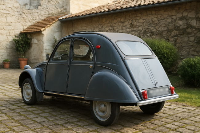Citroën 2CV devant la vieille bâtisse.png